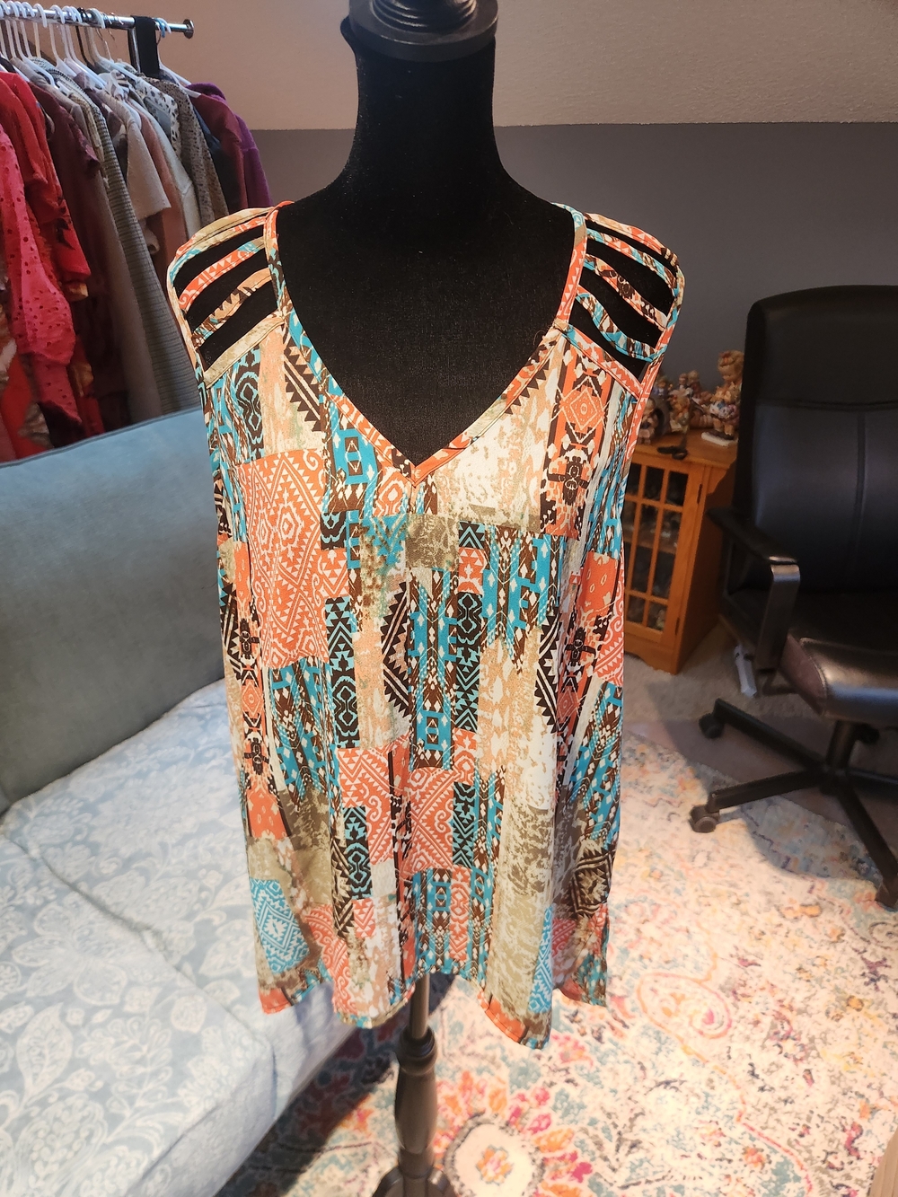 Zac & Rachel blue and orange lattice detail blouse large Boho